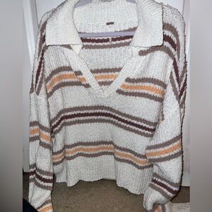 Free People V-Neck Sweater - Cream, Brown, Orange